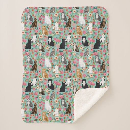 猫ヴィンテージ花模様 シェルパブランケット (正面)