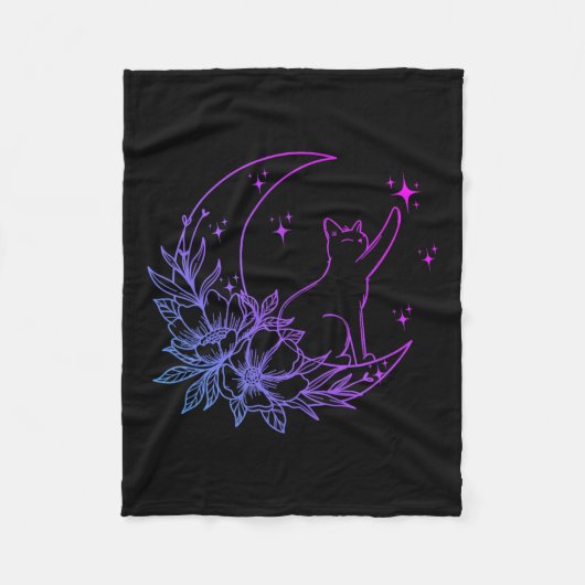猫三日月に座って花スター女性G フリースブランケット (正面)