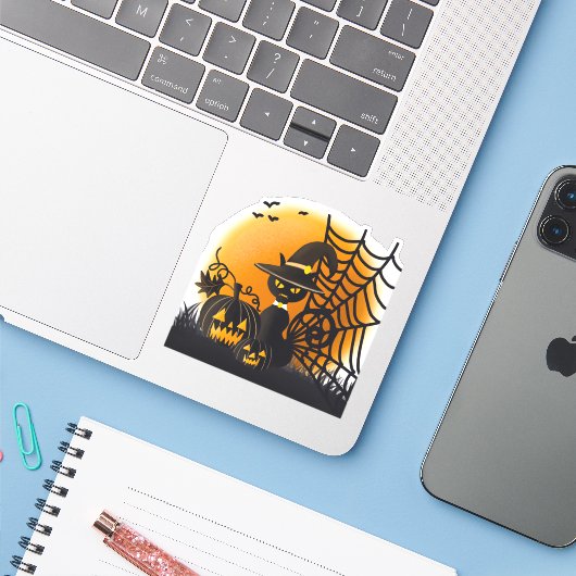 猫不気味とクモのハロウィーン シール (ノートパソコンとiPhone)
