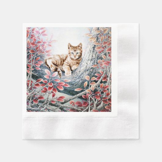猫中国のアート猫inツリー 縁ありカクテルナプキン (正面)