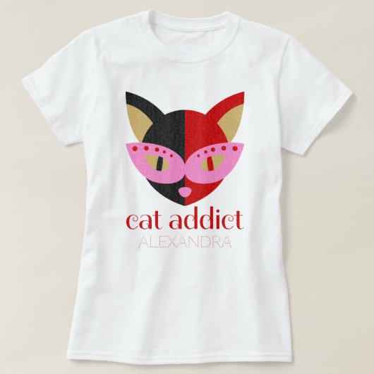 猫中毒かわいいブラックレッドピンクカスタマイズ名 Tシャツ (デザイン正面)