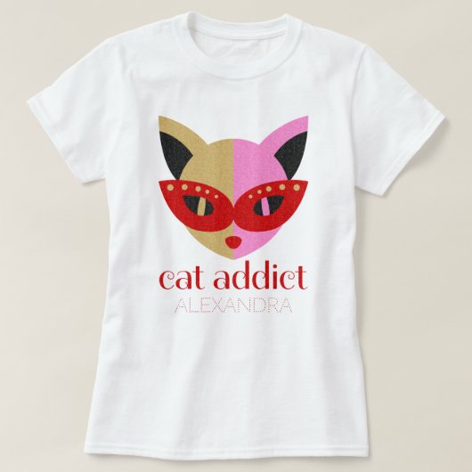 猫中毒かわいい赤ピンクの金ゴールドカスタマイズ名 Tシャツ (デザイン正面)