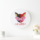 猫中毒者のかわいい黒い赤ピンクのパーソナライズされた名前 ラージ壁時計 (ホーム)