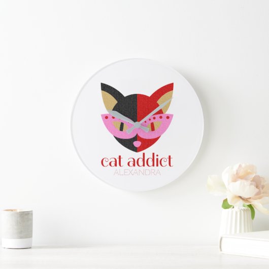 猫中毒者のかわいい黒い赤ピンクのパーソナライズされた名前 ラージ壁時計 (ホーム)