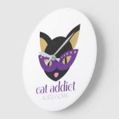 猫中毒者のかわいい黒紫色の金ゴールドカスタマイズネーム ラージ壁時計 (傾斜)