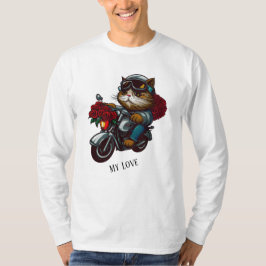 猫乗りオートバイ赤いバラの花が私の愛 Tシャツ
