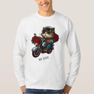 猫乗りオートバイ赤いバラの花が私の愛 Tシャツ