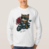 猫乗りオートバイ赤いバラの花が私の愛 Tシャツ (正面)