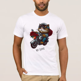 猫乗りオートバイ赤いバラの花が私の愛 Tシャツ