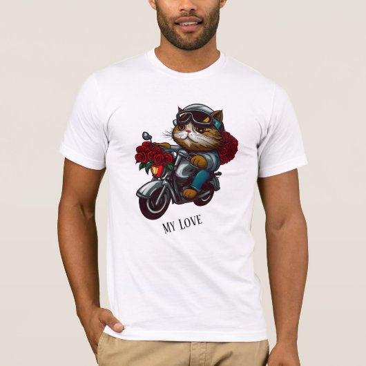 猫乗りオートバイ赤いバラの花が私の愛 Tシャツ (正面)