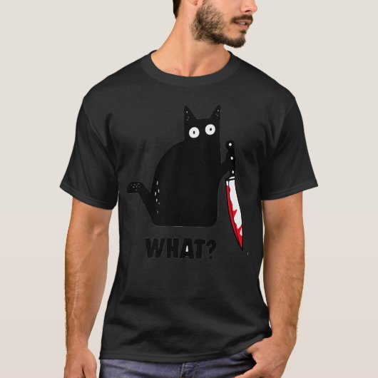 猫何おもしろい黒猫ナイフ殺傷猫 Tシャツ (正面)