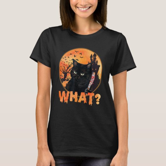 猫何という黒い猫のナイフのハロウィン Tシャツ (正面)