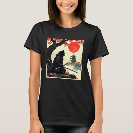 猫侍と桜の日本美術 サムライキャット 日没 Tシャツ (正面)