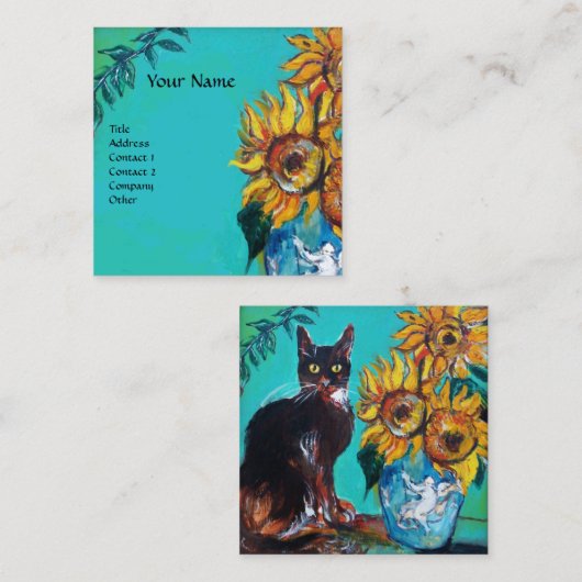 猫入りヒマワリターコイズ スクエア名刺 (正面/裏面)