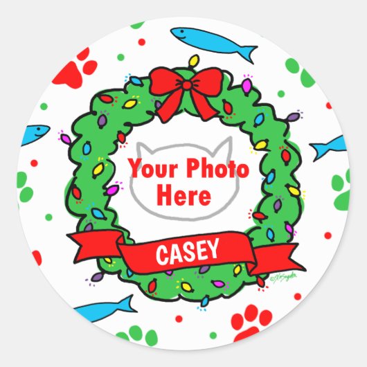 猫写真クリスマスリース模様 ラウンドシール (正面)