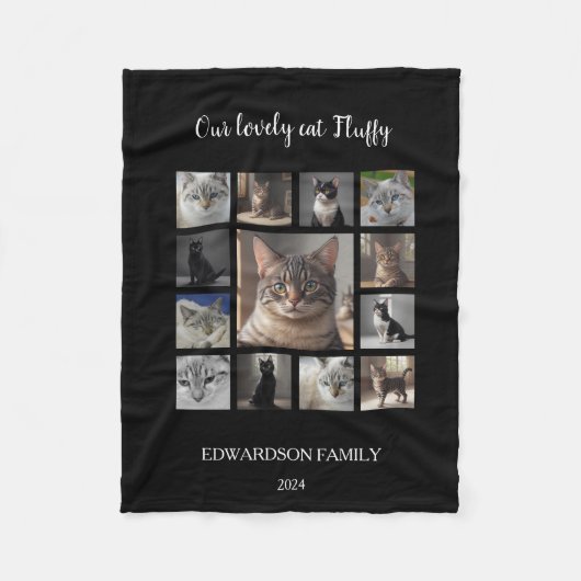 猫写真コラージュのモノグラム名を作成する フリースブランケット (正面)