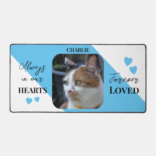 猫写真悔やみや弔慰ペットメモリアルブルー デスクマット (正面)