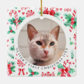 猫初めてのクリスマスフォトウォーターカラーキャンディカン セラミックオーナメント (裏面)