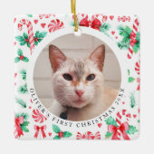 猫初めてのクリスマスフォトウォーターカラーキャンディカン セラミックオーナメント (正面)
