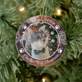 猫初めてのクリスマス素朴ウッドスノーフレーク写真 セラミックオーナメント