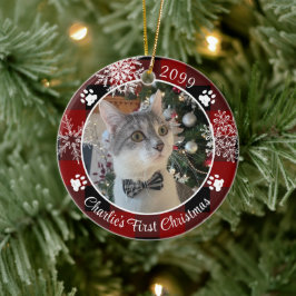 猫初めてのクリスマス赤い黒い格子模様 セラミックオーナメント