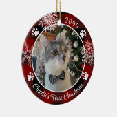 猫初めてのクリスマス赤い黒い格子模様 セラミックオーナメント (右)