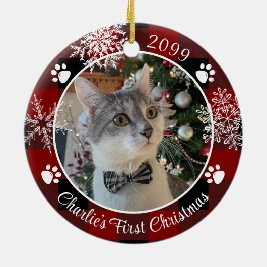 猫初めてのクリスマス赤い黒い格子模様 セラミックオーナメント (裏面)
