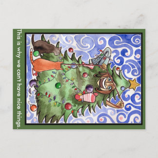 猫及び彼らの人間及びクリスマスツリー シーズンポストカード