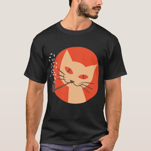 猫喫煙パイプレトロヴィンテージマッチボックスデザイン Tシャツ (正面)