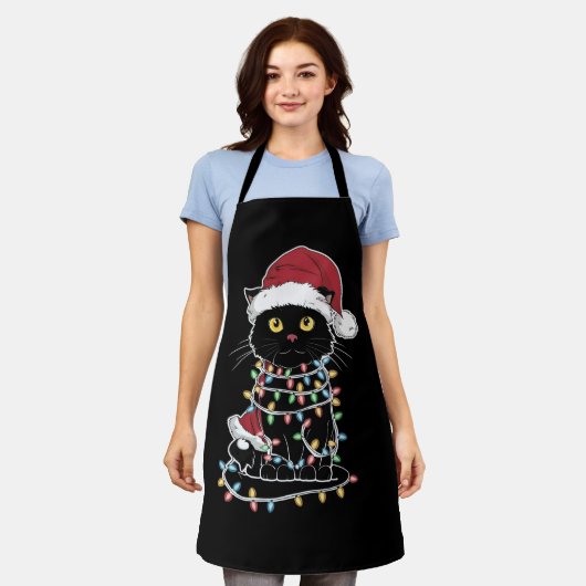 猫好きおもしろいのクリスマスライト エプロン (着用した状態)