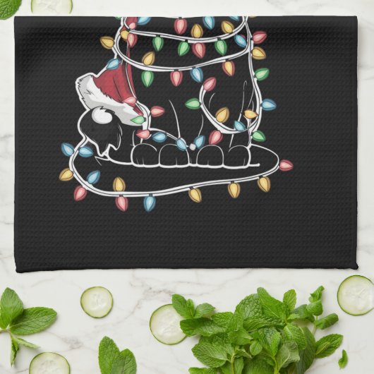 猫好きおもしろいのクリスマスライト キッチンタオル (折り畳み)