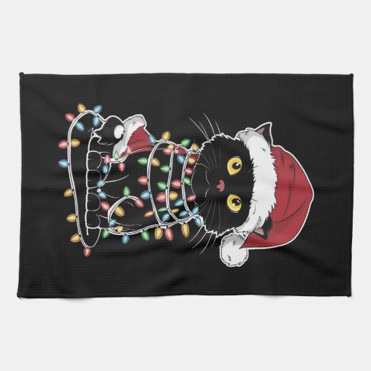 猫好きおもしろいのクリスマスライト キッチンタオル (横)