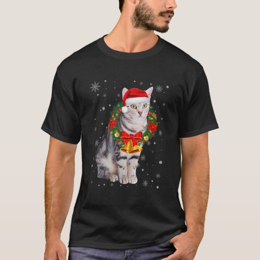 猫好きおもしろいアメリカンショートヘアツリークリスマス Tシャツ (正面)