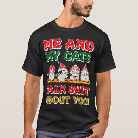 猫好きおもしろい醜いクリスマスセータースタイル Tシャツ (正面)