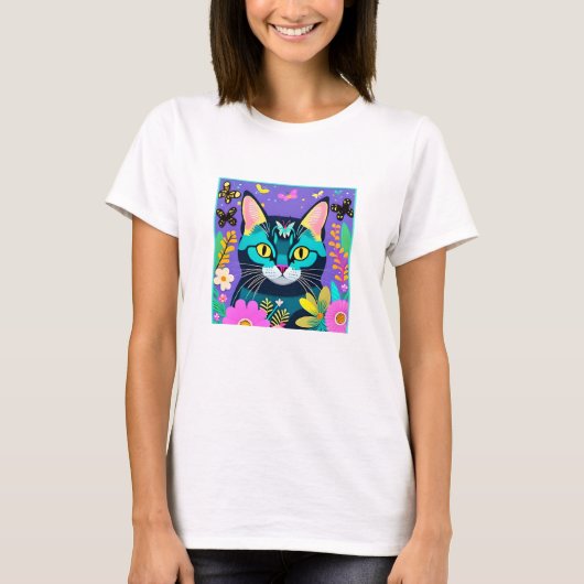 猫好きお洒落フローラキャットデジタルアート Tシャツ (正面)