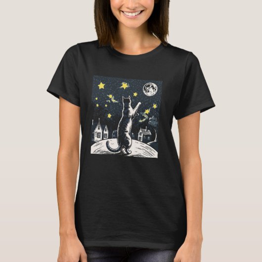 猫好きが星に手を伸ばす 月の空 子猫 フェリネ Tシャツ (正面)