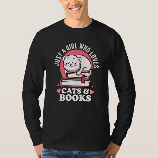 猫好きで読書好きな女の子B Tシャツ (正面)