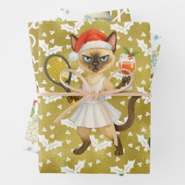 猫好きなテニスプレーヤーのためのクリスマステニスデザイン ラッピングペーパーシート