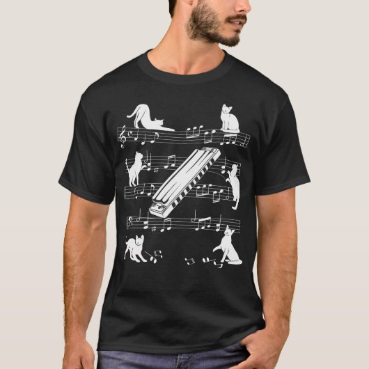猫好きなハーモニカ奏者のためのハーモニカ猫 Tシャツ (正面)