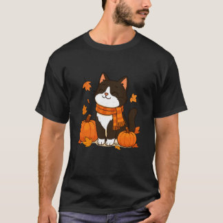 猫好きのかぼちゃと紅葉 秋の猫 Tシャツ