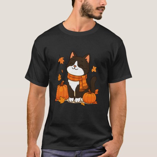 猫好きのかぼちゃと紅葉 秋の猫 Tシャツ (正面)
