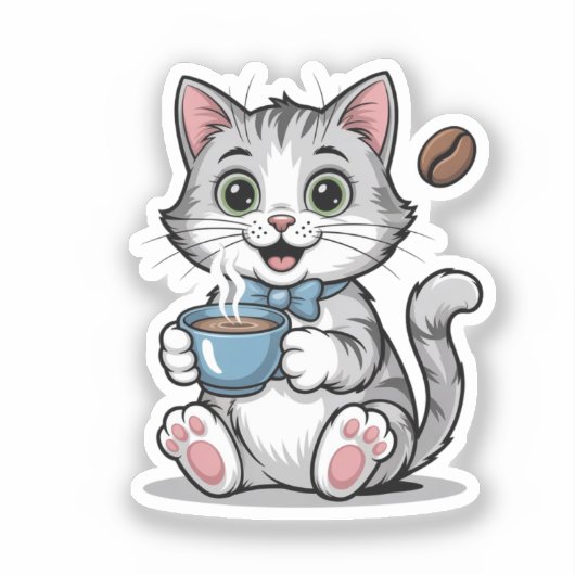 猫好きのためのキュートな猫とコーヒーの朝の雰囲気 シール (正面)