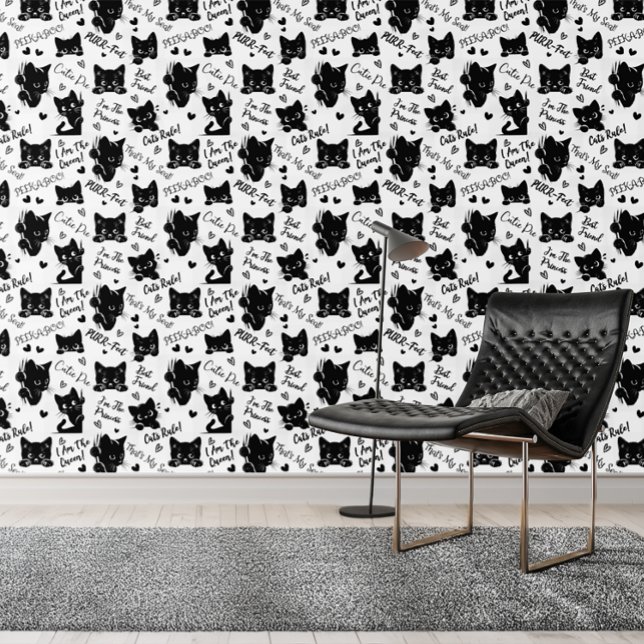 猫好きのためのキュートな黒猫ハロウィンパターン 壁紙 (Cute Black Cats and Sayings with Hearts Pattern for Cat Lovers and Halloween Wallpaper)