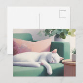 猫好きのためのグリーンソファで眠る白猫 ポストカード (正面/裏面)