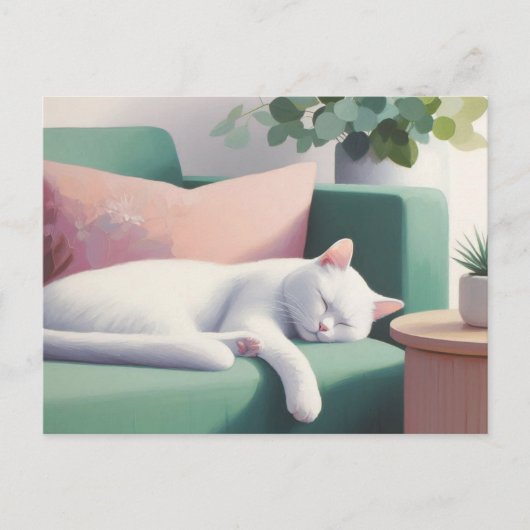 猫好きのためのグリーンソファで眠る白猫 ポストカード (正面)