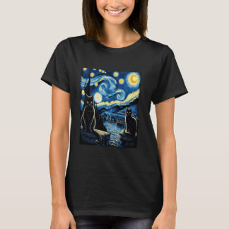 猫好きのためのゴッホの星空と猫 Tシャツ