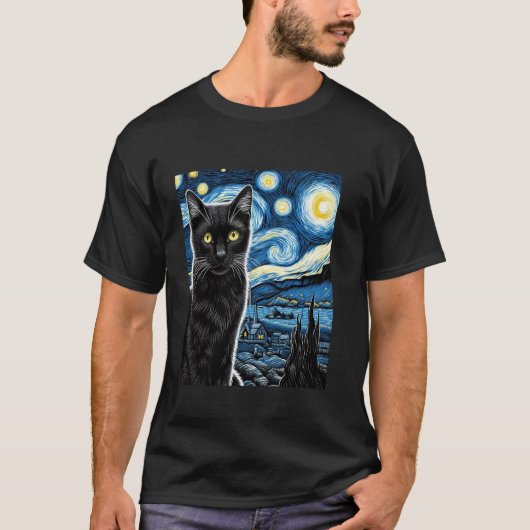 猫好きのためのゴッホの星空の猫 1 Tシャツ (正面)