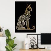 猫好きのためのゴールド猫イラスト(線画スタイル) ポスター (ホームオフィス)