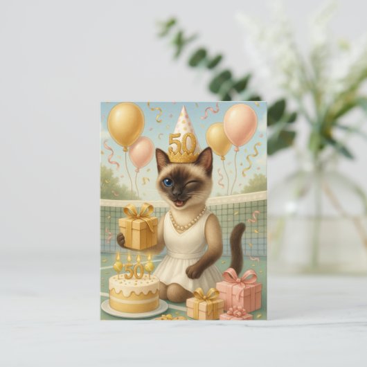 猫好きのためのテニス50歳誕生日 ポストカード (スタンド正面)