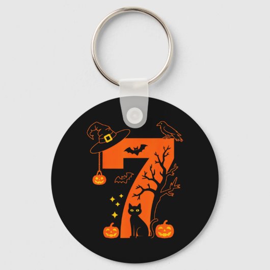 猫好きのためのハロウィン黒猫デザイン ナンバー7 スプーキー キーホルダー (正面)